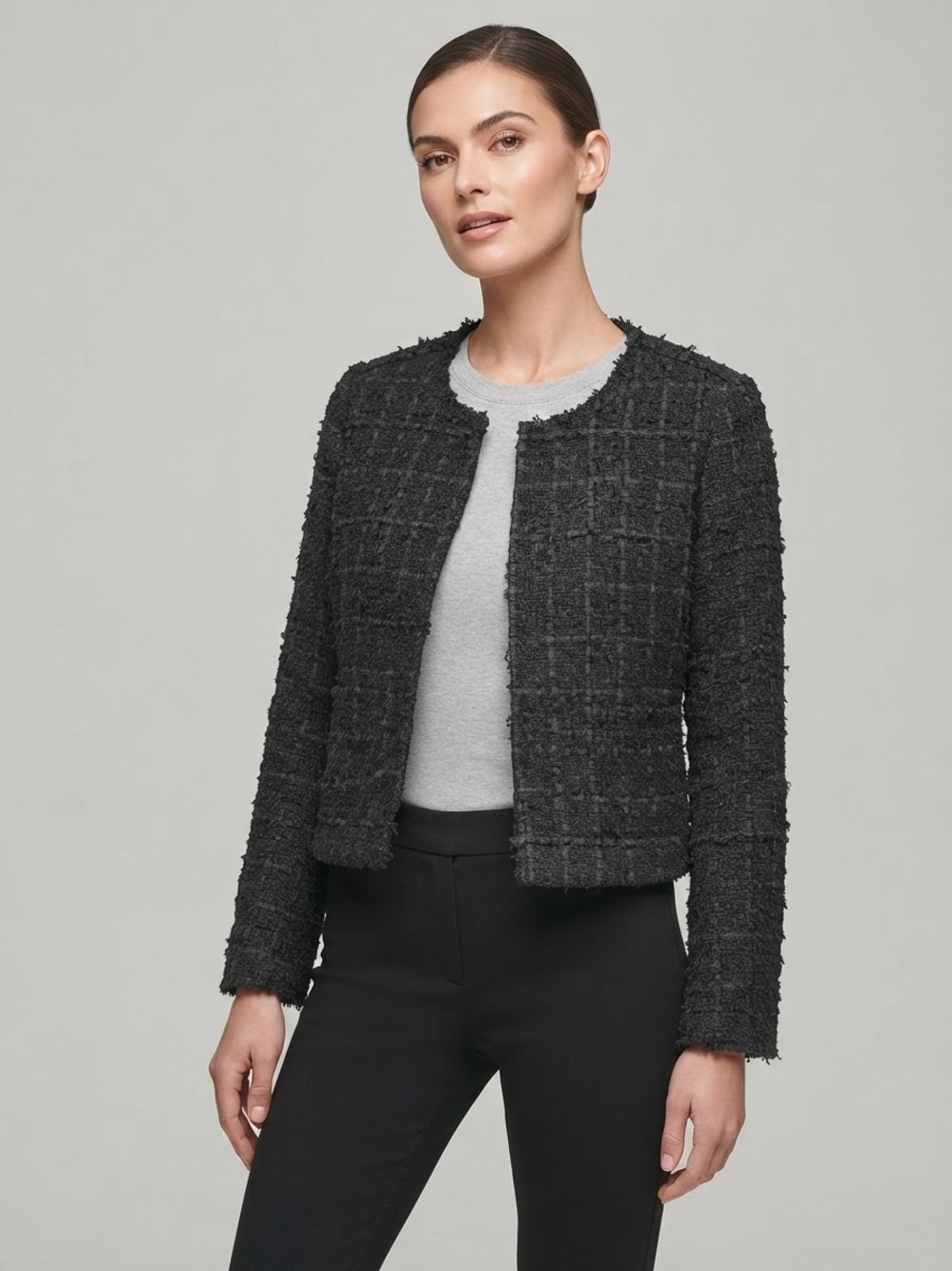 DKNY Jeans Women's Black Frayed Cropped Long-Sleeve Jacket Coat Size XS